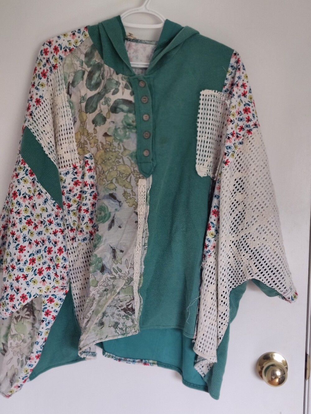 POL Teal Patchwork Floral Hooded Sweatshirt